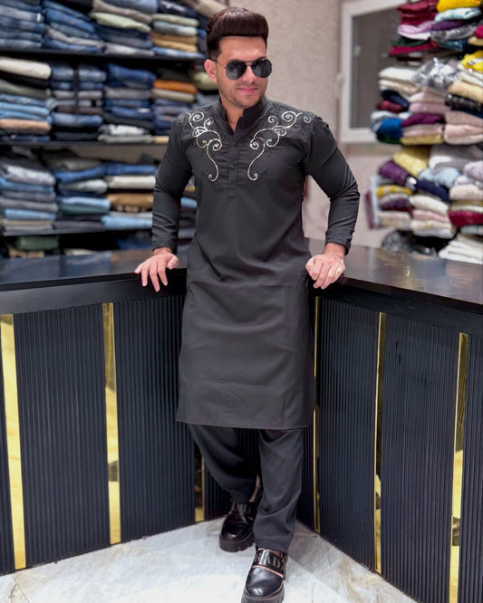 Airforce Black Embroidered Kurta for Men PATTERNS FOR MEN