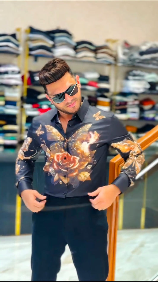 Luxury Butterfly & Rose Printed Shirt for Men – Party Wear PATTERNS FOR MEN